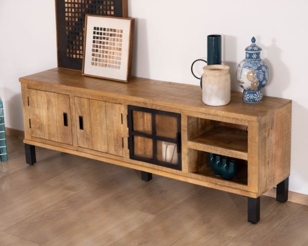 Mobile TV contemporaneo in legno massello di mango con anta a vetri "Manelo" 175 cm
