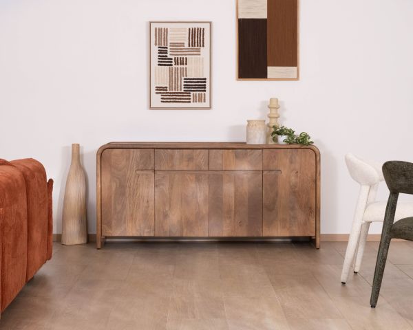 Credenza in stile neo-vintage in legno massello di mango, 170 cm, modello "Spelano", con 4 ante e 2 cassetti