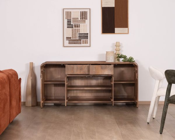 Credenza in stile neo-vintage in legno massello di mango, 170 cm, modello "Spelano", con 4 ante e 2 cassetti