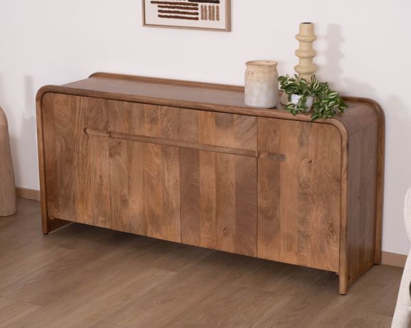 Credenza in stile neo-vintage in legno massello di mango, 170 cm, modello "Spelano", con 4 ante e 2 cassetti