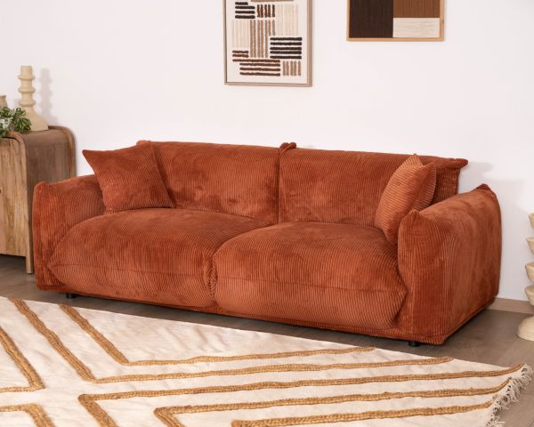 Divano a 3 posti in velluto a coste color terracotta "Moon", stile retrò