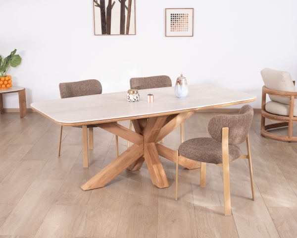 Tavolo in teak massiccio con piano in ceramica effetto travertino da 200 cm "Avenor" con base a stella