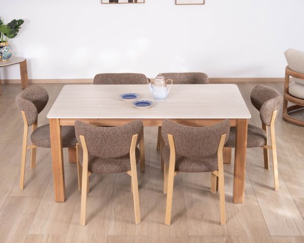 Tavolo da pranzo in stile country chic "Arvik" in teak massiccio e ceramica effetto travertino, 160 cm