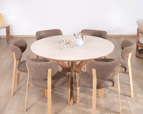 Tavolo rotondo da interno o esterno da 130 cm “Elsen” in teak massiccio con piano in ceramica effetto travertino