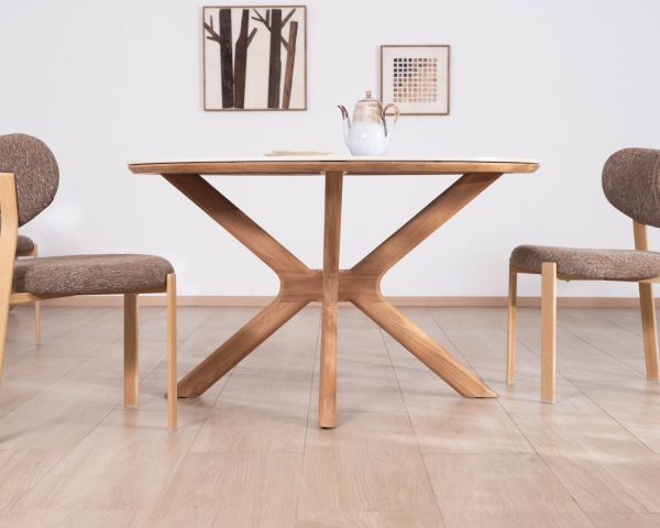 Tavolo rotondo da interno o esterno da 130 cm “Elsen” in teak massiccio con piano in ceramica effetto travertino
