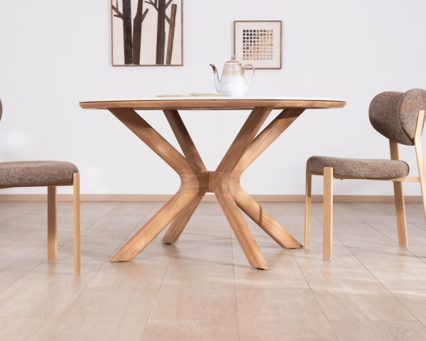 Tavolo rotondo da interno o esterno da 130 cm “Elsen” in teak massiccio con piano in ceramica effetto travertino