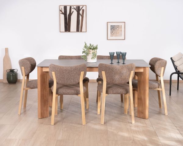 Tavolo da pranzo da 200 cm con piano in ceramica grigia effetto cemento "Merik" in teak massiccio