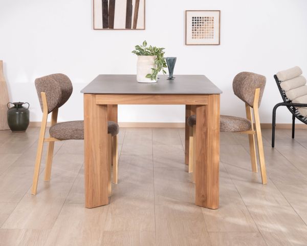 Tavolo da pranzo da 200 cm con piano in ceramica grigia effetto cemento "Merik" in teak massiccio