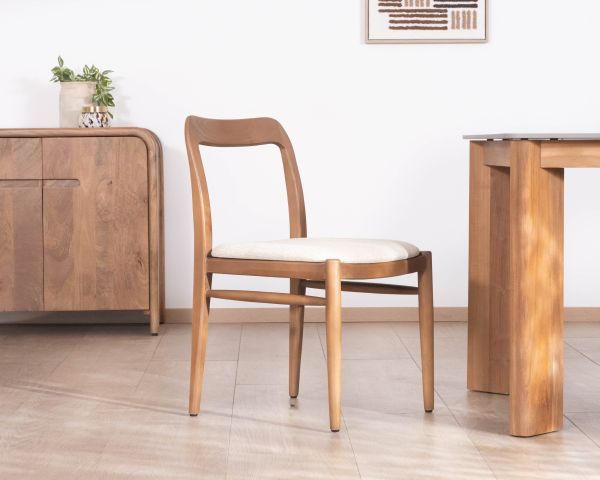 Sedia da pranzo dal design essenziale in legno tinto noce con seduta in tessuto color talpa "Vogue"