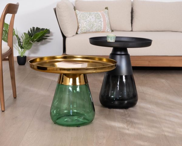 Set di due tavolini rotondi in vetro colorato con piani in metallo "Cyléa"