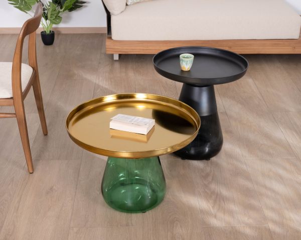 Set di due tavolini rotondi in vetro colorato con piani in metallo "Cyléa"