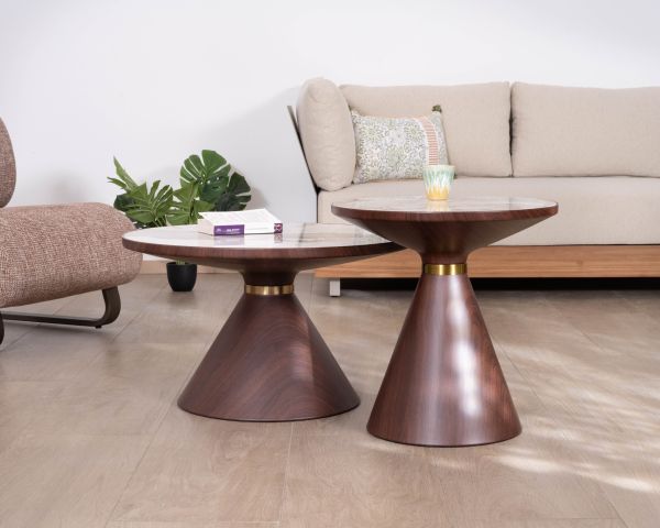 Set di 2 tavolini rotondi in stile retrò con piano in ceramica bianca effetto marmo “Cyléa” e base effetto noce