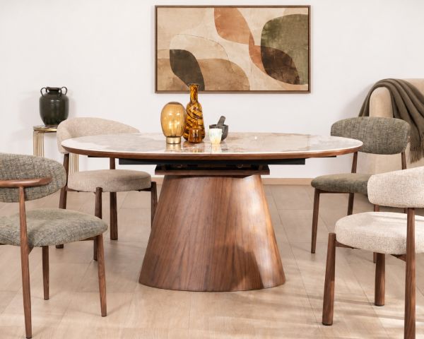 Table de repas extensible 160-200 cm plateau céramique effet pierre naturelle "Oria" piètement aspect noyer