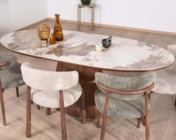 Table de repas extensible 160-200 cm plateau céramique effet pierre naturelle "Oria" piètement aspect noyer