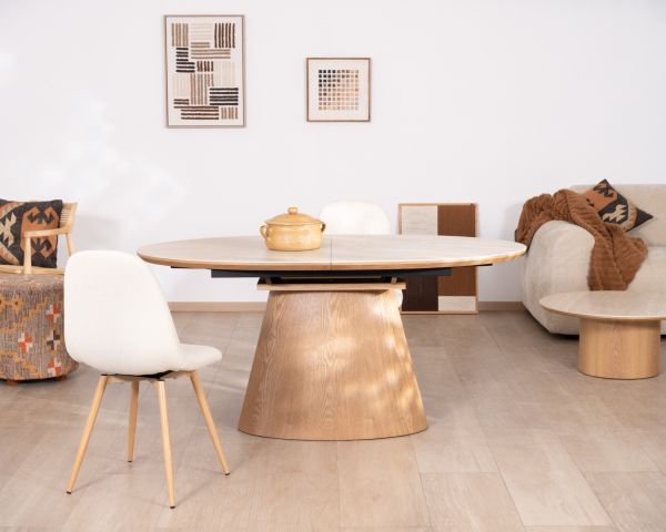 Tavolo da pranzo allungabile 160-200 cm, piano in ceramica effetto travertino “Oria”, base effetto rovere chiaro