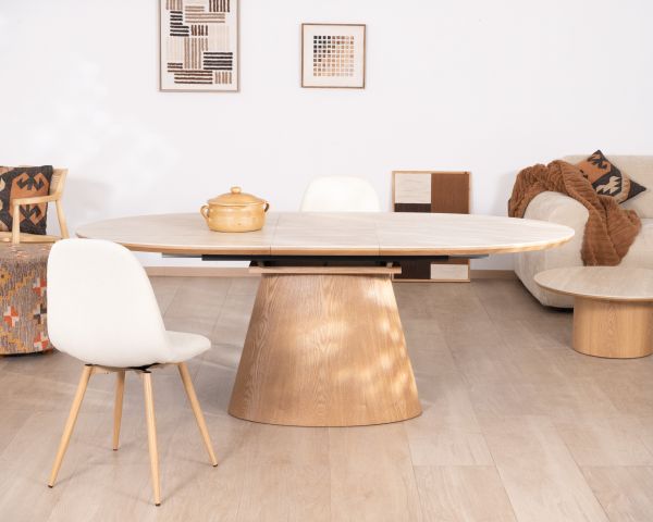 Tavolo da pranzo allungabile 160-200 cm, piano in ceramica effetto travertino “Oria”, base effetto rovere chiaro
