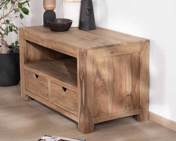 Petit meuble télé compact et fonctionnel en palissandre "Kalanohé" niche et 2 tiroirs