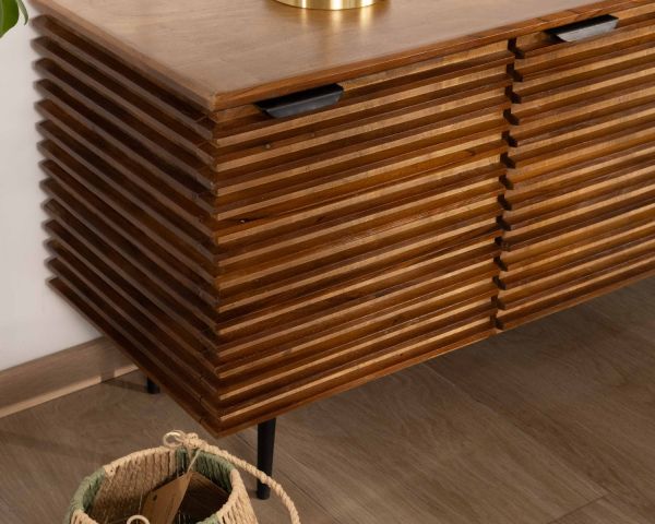 Porta TV Sheffield" 160 cm in teak e mango con gambe in metallo nero