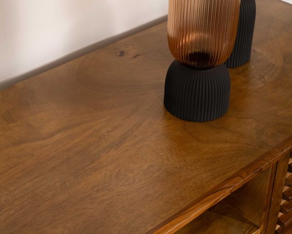 Porta TV Sheffield" 160 cm in teak e mango con gambe in metallo nero