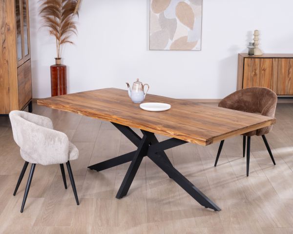 Tavolo da pranzo contemporaneo in legno massiccio "Olonie", 200 cm, gambe incrociate in metallo