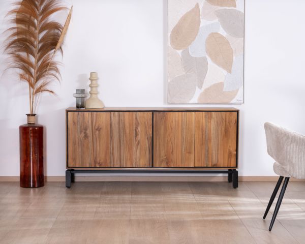 Credenza contemporanea a 4 ante "Olonie" in teak naturale e metallo nero