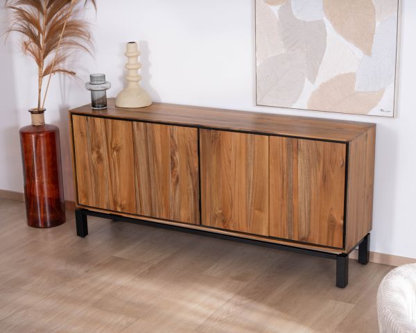 Credenza contemporanea a 4 ante "Olonie" in teak naturale e metallo nero