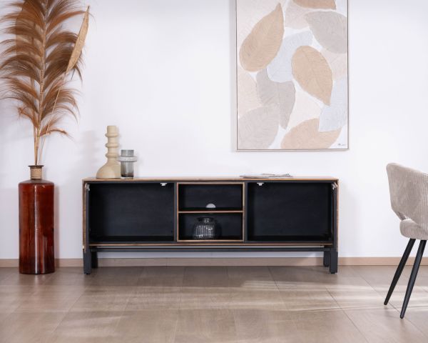 Mobile TV bicolore contemporaneo "Olonie" da 175 cm in teak naturale e metallo