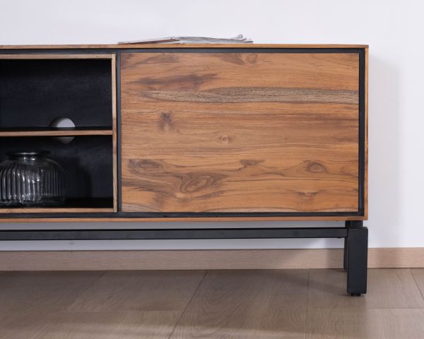 Mobile TV bicolore contemporaneo "Olonie" da 175 cm in teak naturale e metallo