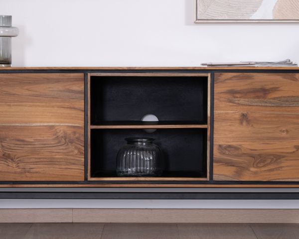 Mobile TV bicolore contemporaneo "Olonie" da 175 cm in teak naturale e metallo