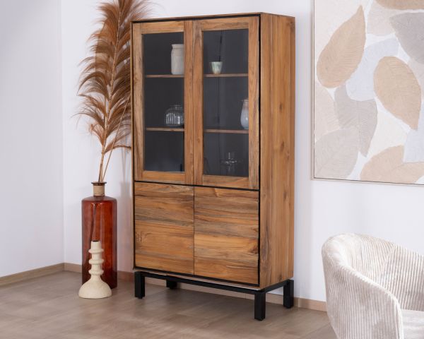 Piccolo comò in vetro "Olonie" in stile contemporaneo in teak naturale, acacia e metallo nero 