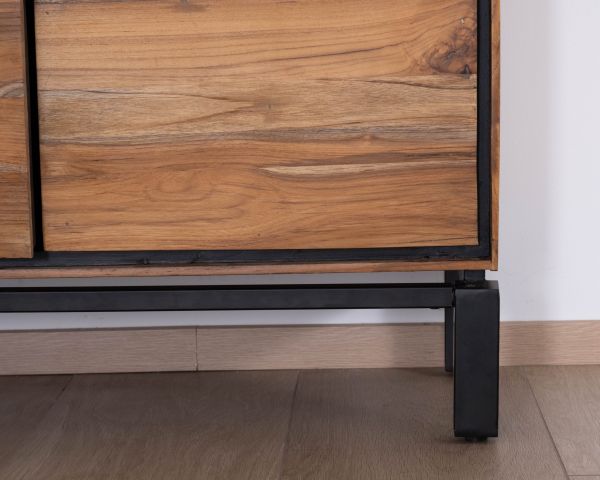 Piccolo comò in vetro "Olonie" in stile contemporaneo in teak naturale, acacia e metallo nero 