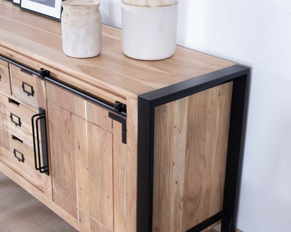 Credenza bassa industriale "Montreal" in legno di acacia naturale e metallo