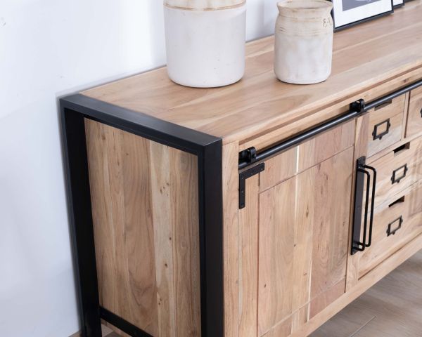 Credenza bassa industriale "Montreal" in legno di acacia naturale e metallo