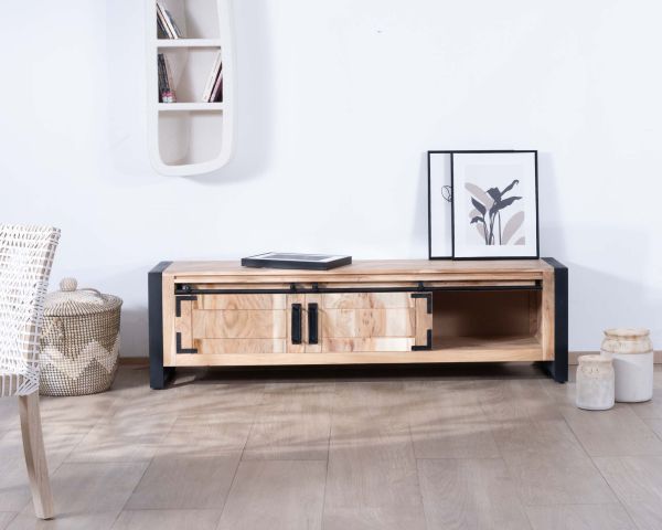 Porta TV industriale 180 cm in legno e metallo 2 porte 2 nicchie "Montreal