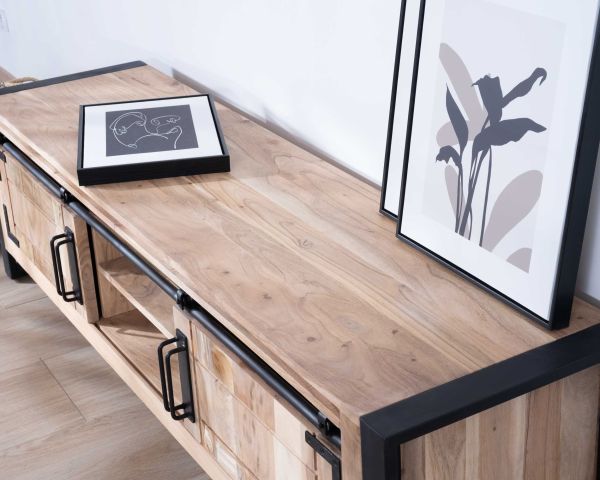 Porta TV industriale 180 cm in legno e metallo 2 porte 2 nicchie "Montreal