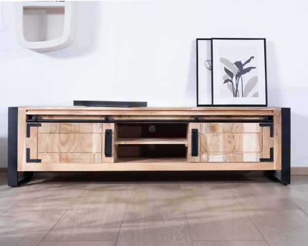 Porta TV industriale 180 cm in legno e metallo 2 porte 2 nicchie "Montreal