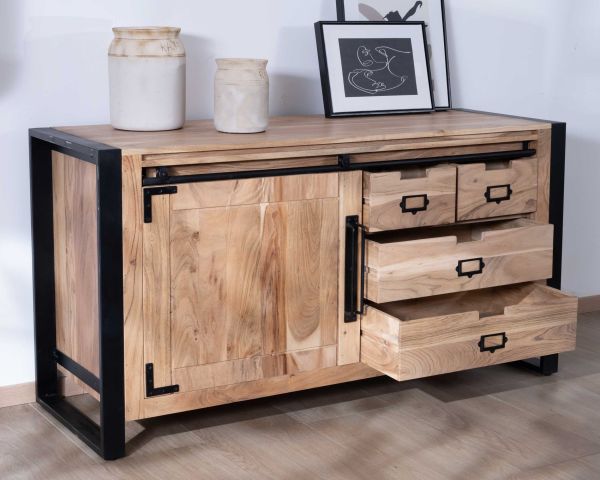Credenza bassa industriale "Montreal" in legno di acacia naturale e metallo