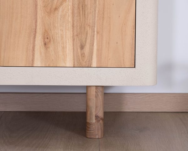 Piccolo mobile contenitore "Miona" in acacia naturale con finitura in cemento sabbiato