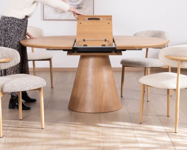 Tavolo da pranzo rotondo "Oria" da 120 cm, allungabile da 160 cm, stile raffinato, finitura frassino