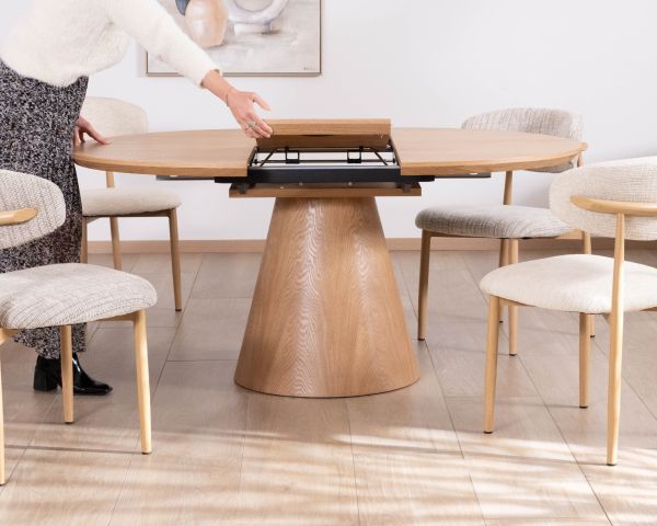 Tavolo da pranzo rotondo "Oria" da 120 cm, allungabile da 160 cm, stile raffinato, finitura frassino