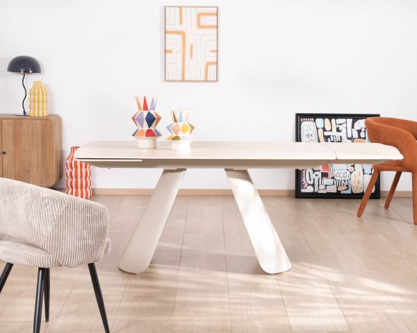 Tavolo allungabile retro chic "Amarello" da 160 a 240 cm in pietra sinterizzata e metallo champagne