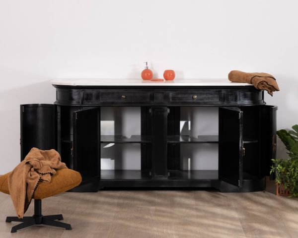 Mobile lavabo doppio "Églantine" con angoli arrotondati in legno nero e quarzo bianco