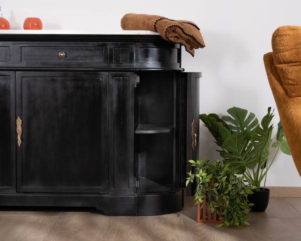 Mobile lavabo doppio "Églantine" con angoli arrotondati in legno nero e quarzo bianco