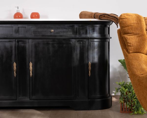Mobile lavabo doppio "Églantine" con angoli arrotondati in legno nero e quarzo bianco