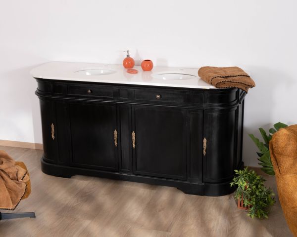 Mobile lavabo doppio "Églantine" con angoli arrotondati in legno nero e quarzo bianco