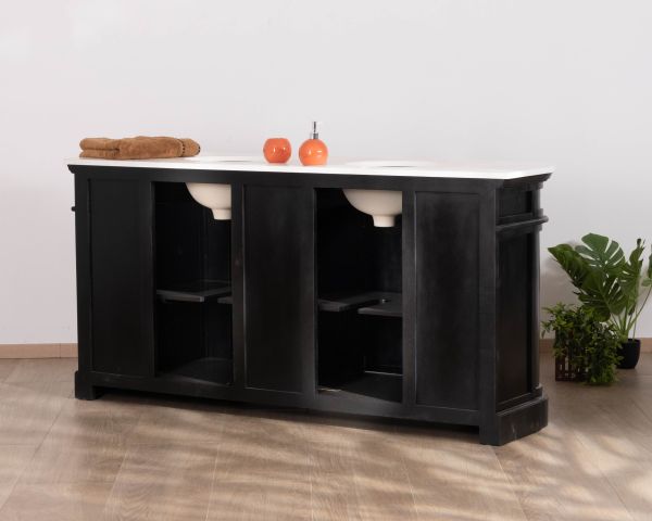 Mobile lavabo doppio "Églantine" con angoli arrotondati in legno nero e quarzo bianco