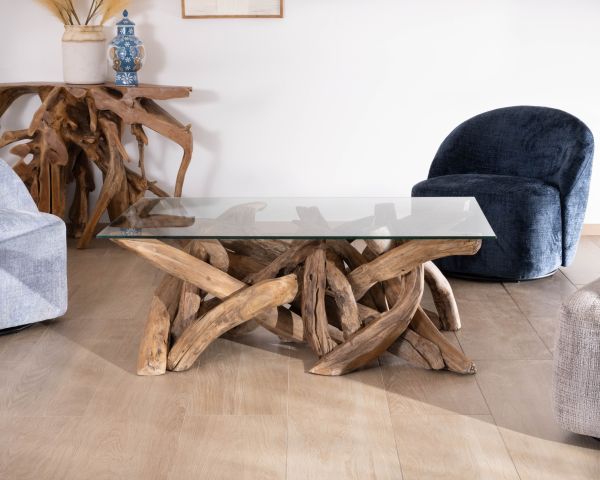Tavolino rettangolare da 120 cm in legno di teak recuperato con piano in vetro "Kanoa"