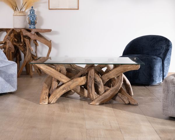 Tavolino rettangolare da 120 cm in legno di teak recuperato con piano in vetro "Kanoa"