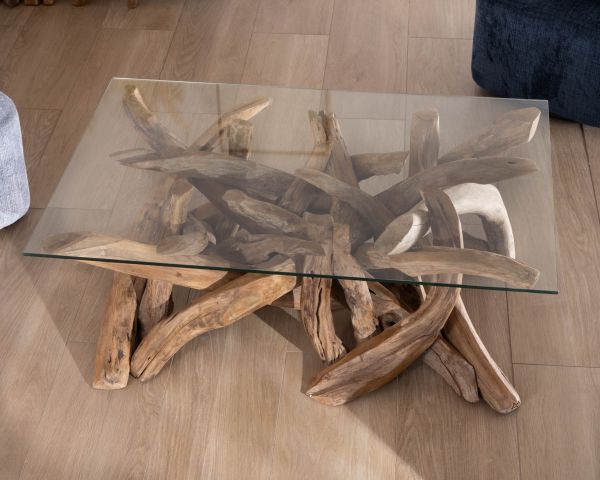 Tavolino rettangolare da 120 cm in legno di teak recuperato con piano in vetro "Kanoa"