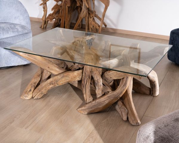 Tavolino rettangolare da 120 cm in legno di teak recuperato con piano in vetro "Kanoa"